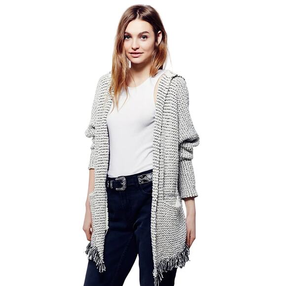 Free People Love Me Tender Oversize Marled Blue Hooded Fringe Cardigan - Picture 1 of 7